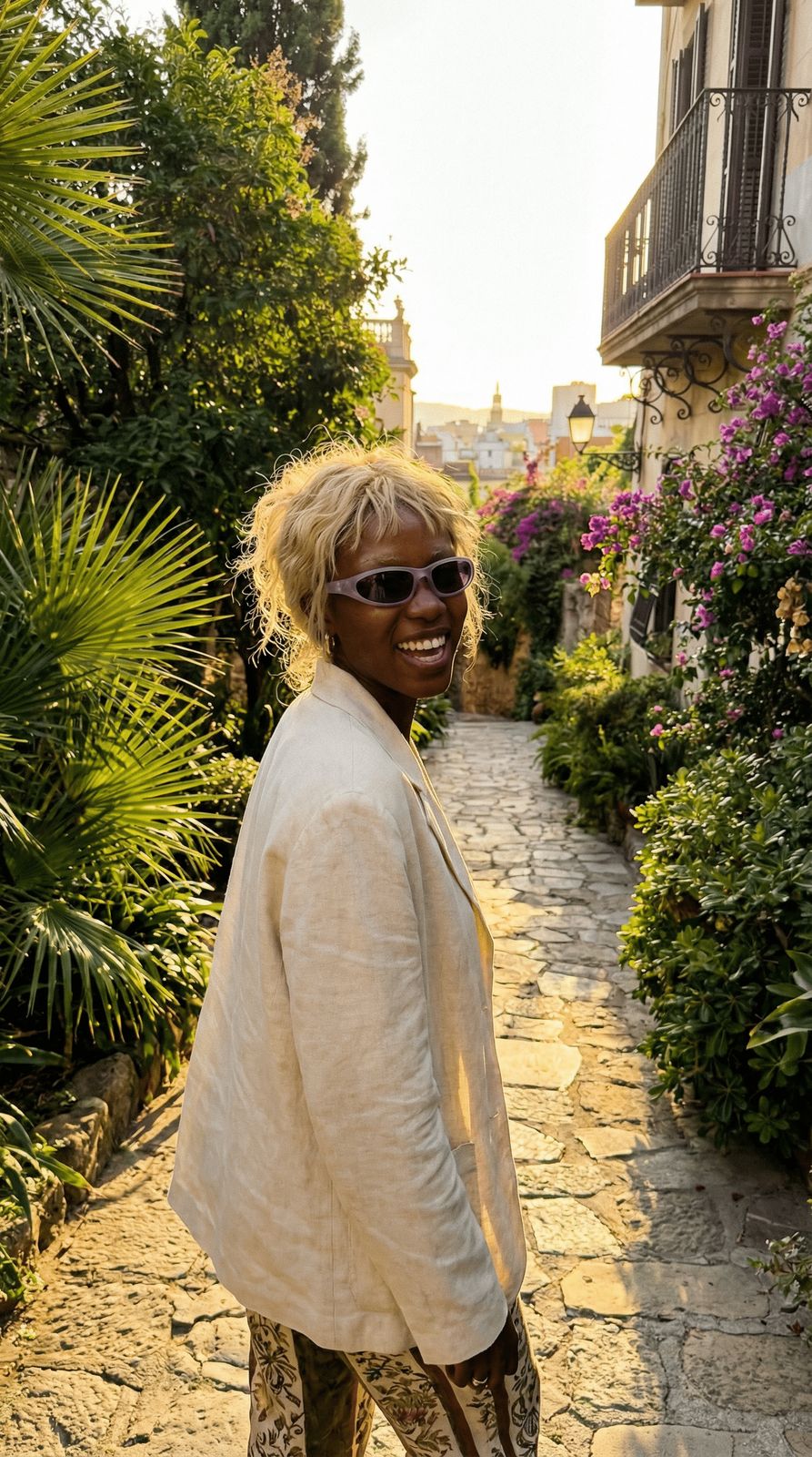 a woman standing on a cobblestone road