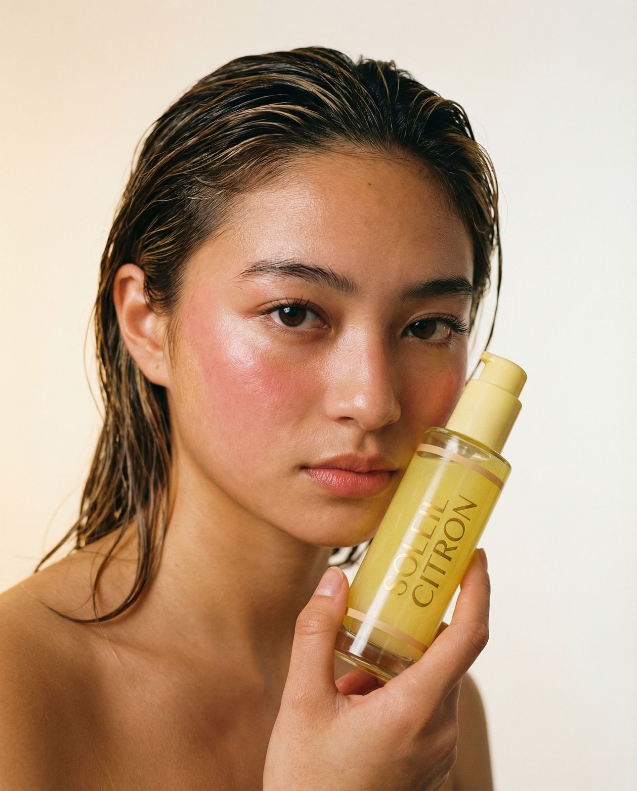 a woman holding a bottle of lotion in her hand