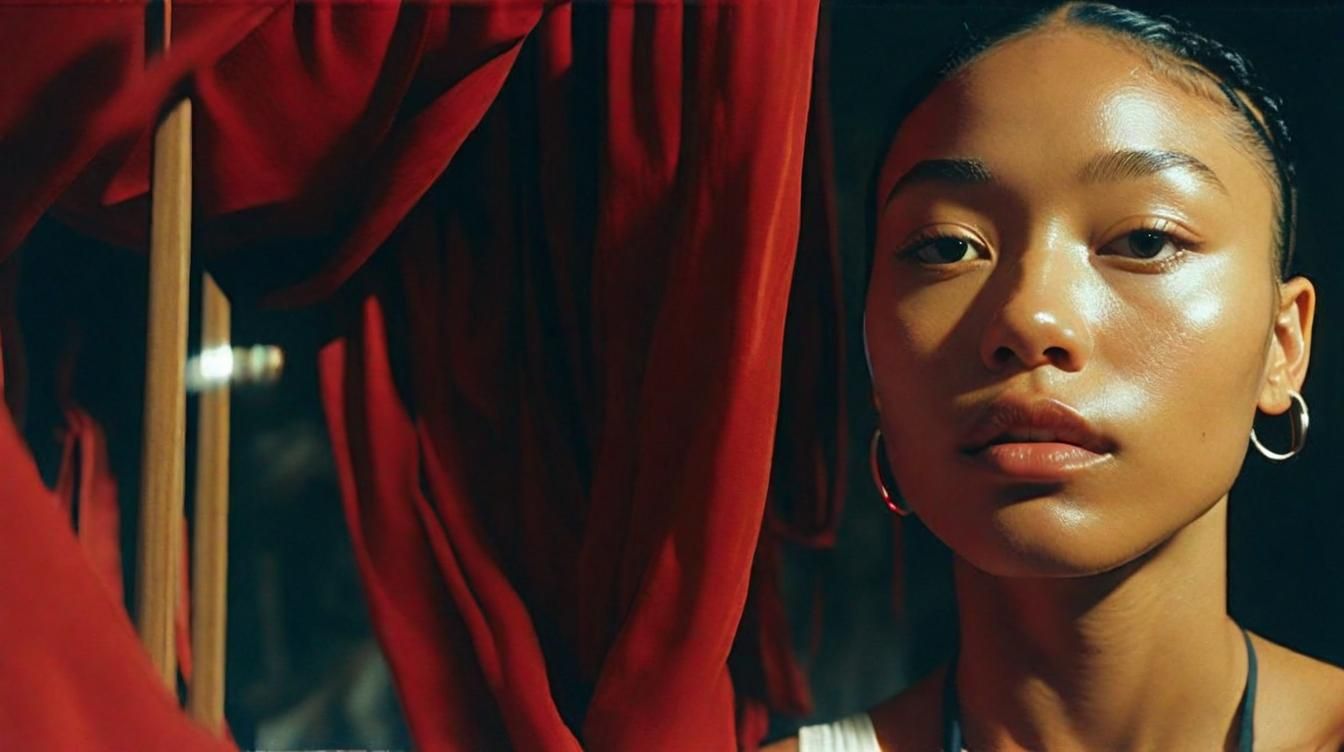 a woman with large hoop earrings standing in front of a red curtain