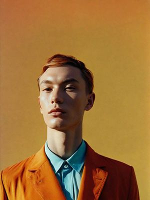 a man in an orange jacket and blue shirt