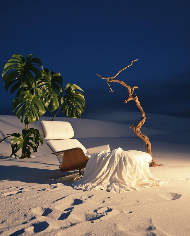 a chair and a tree in the snow