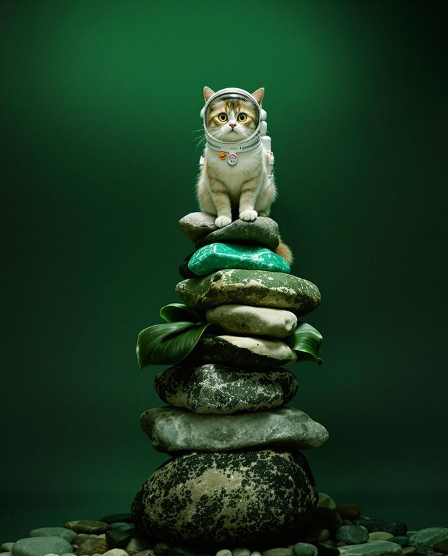 a cat sitting on top of a pile of rocks