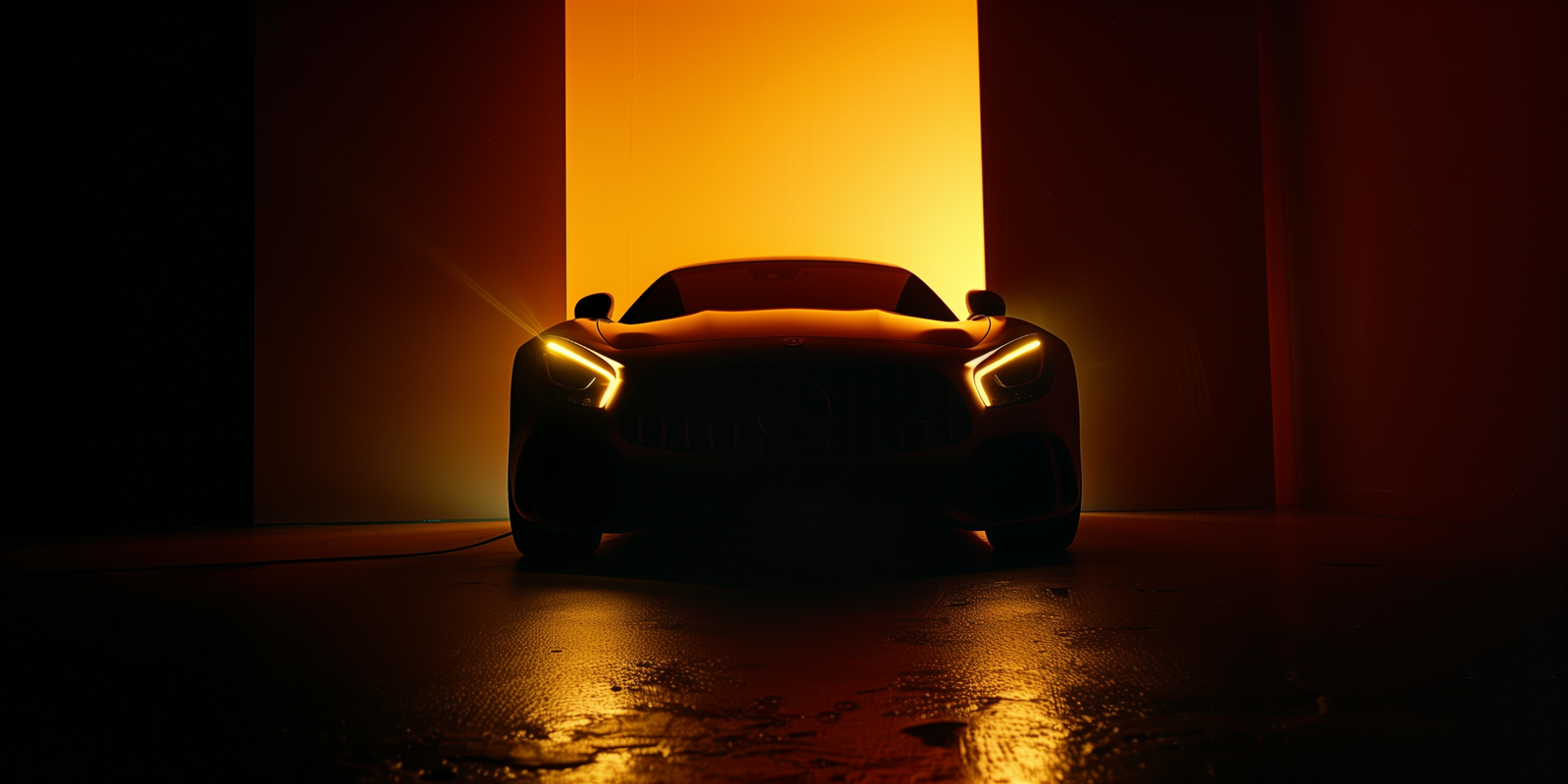 a car is shown in a dimly lit room