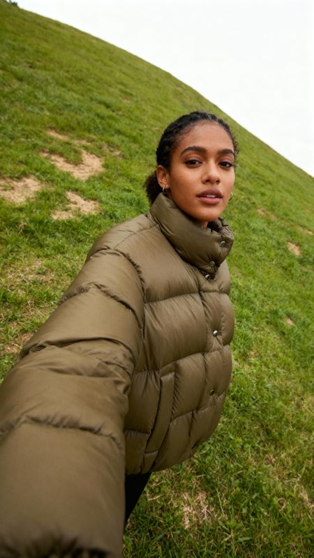 a woman standing on top of a lush green hillside