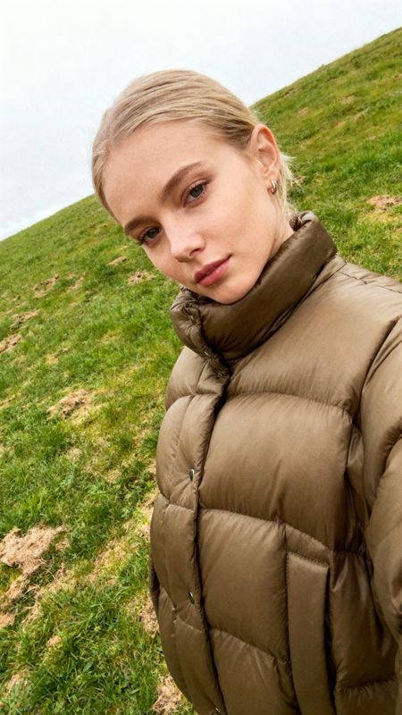 a woman in a puffy coat standing on a grassy hill