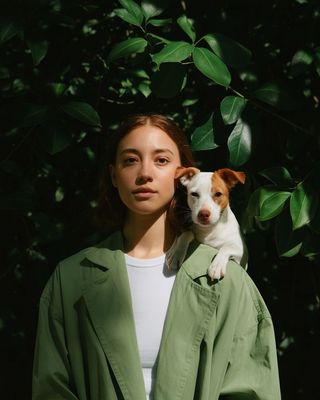 a woman holding a dog in her arms