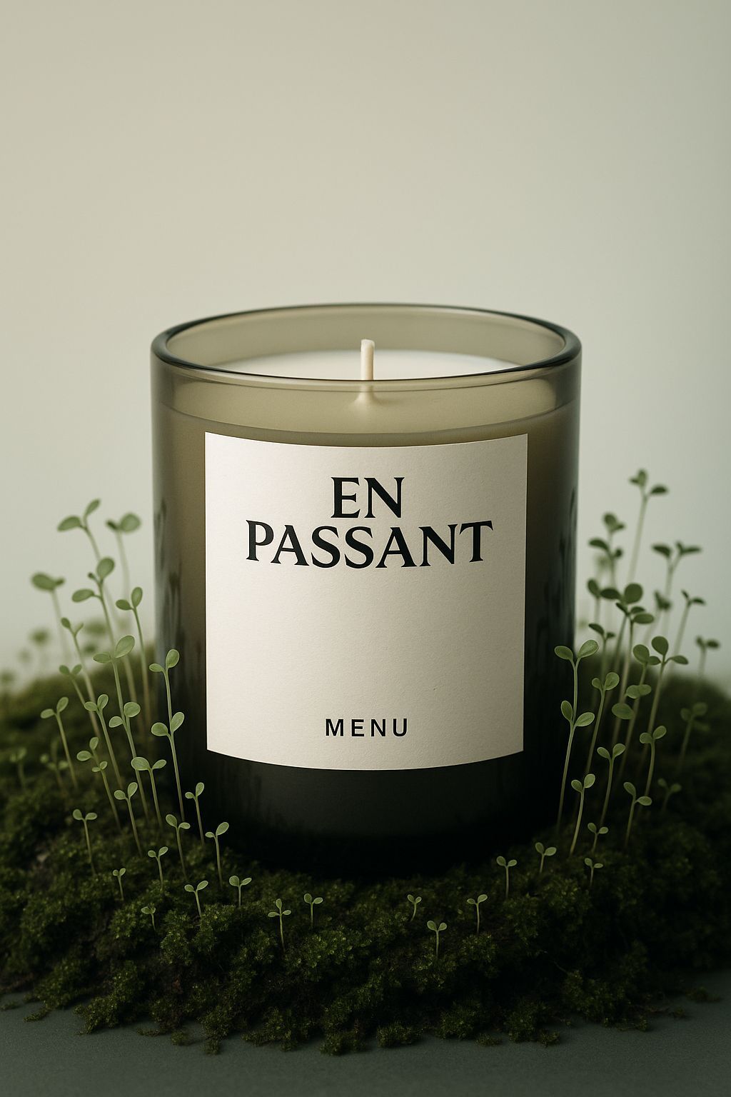 a candle sitting on top of a moss covered ground