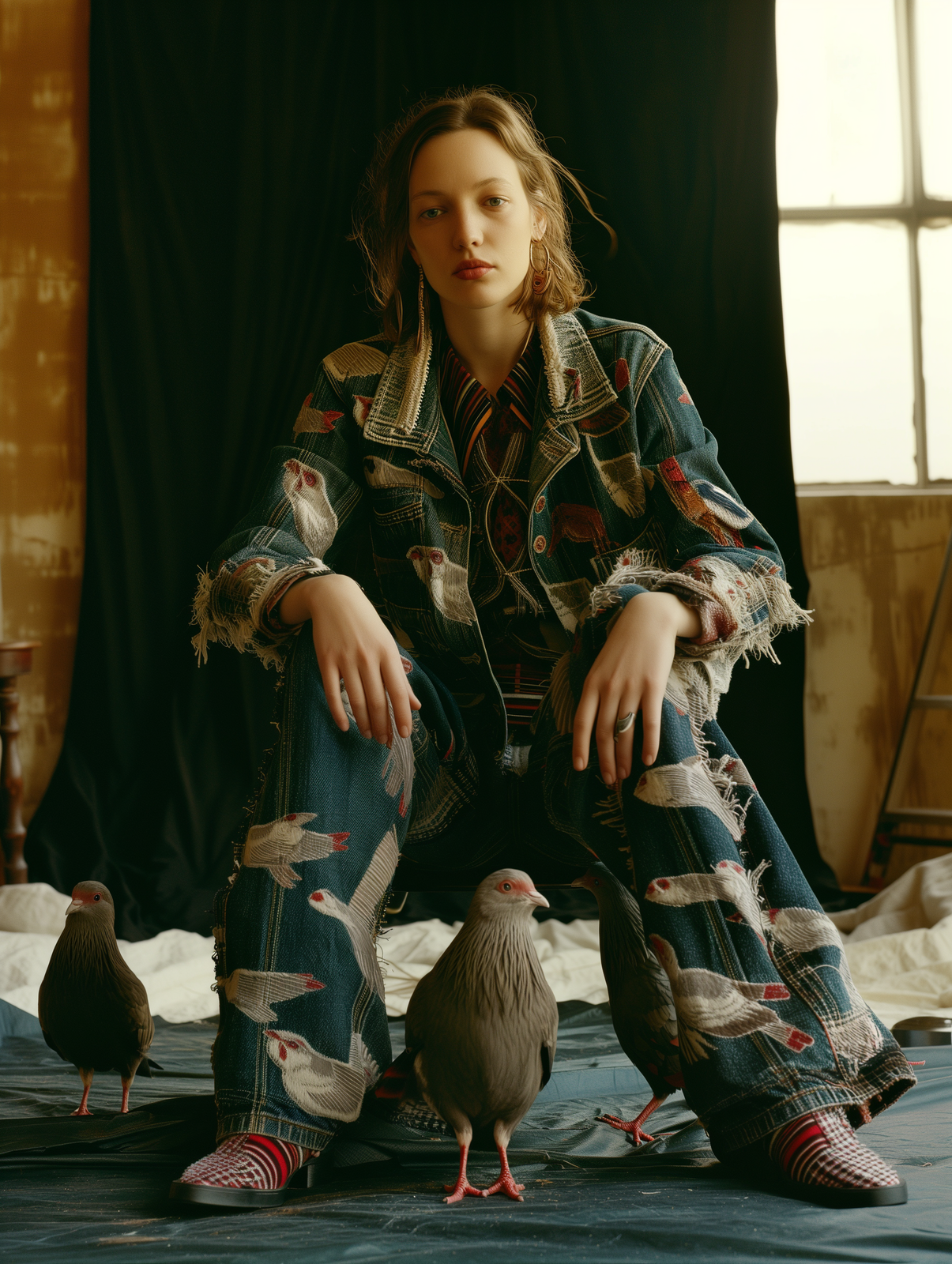 a woman sitting on top of a bed next to two birds