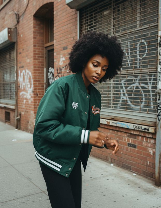 a woman in a green jacket standing on a sidewalk