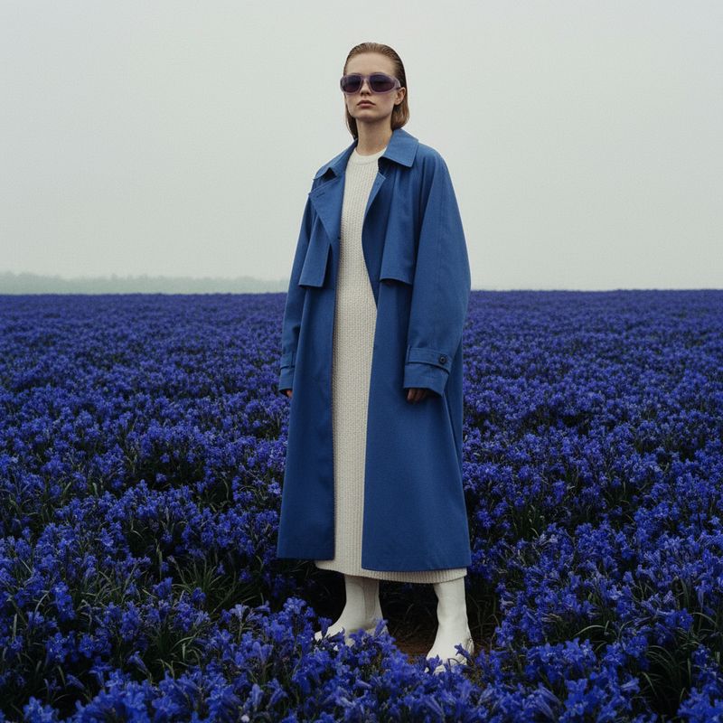 a woman standing in a field of blue flowers