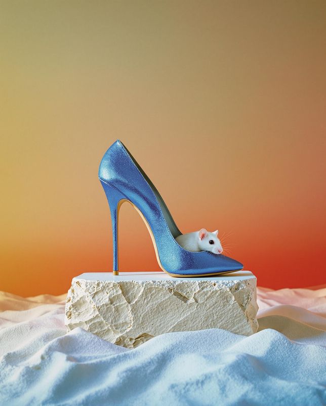 a blue high heeled shoe with a mouse on top of it