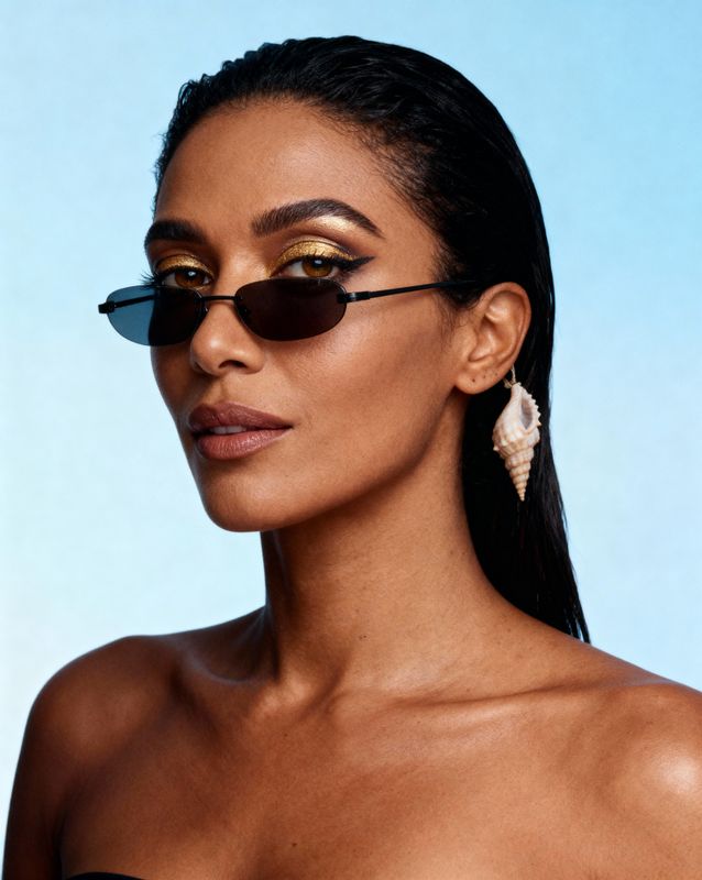 a woman wearing sunglasses and a black dress