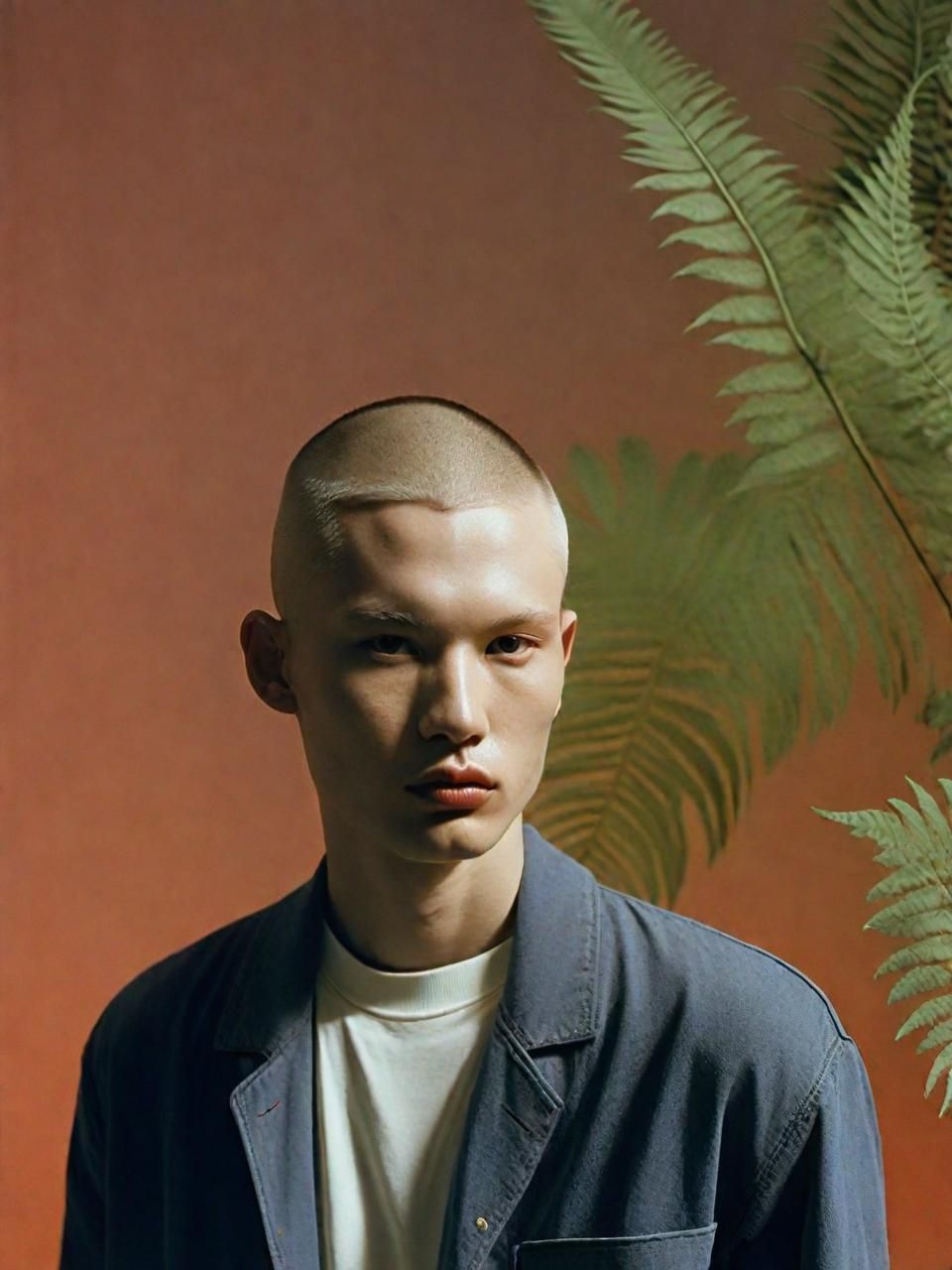 a man with a shaved head standing in front of a plant