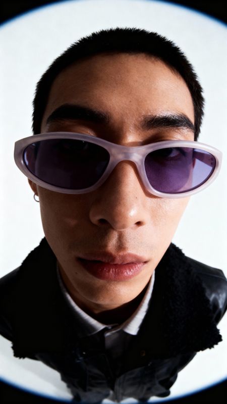 a man wearing purple sunglasses and a black jacket