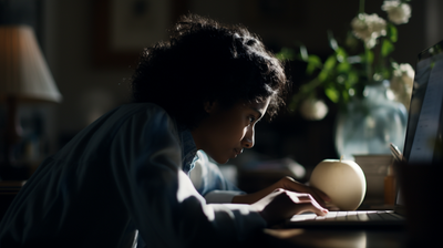 a woman sitting at a desk using a laptop computer