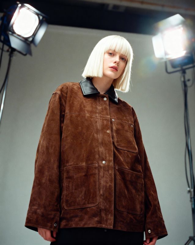 a woman standing in front of a light