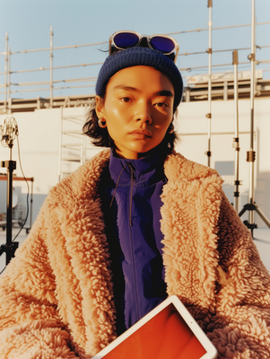 a woman in a fur coat holding a book