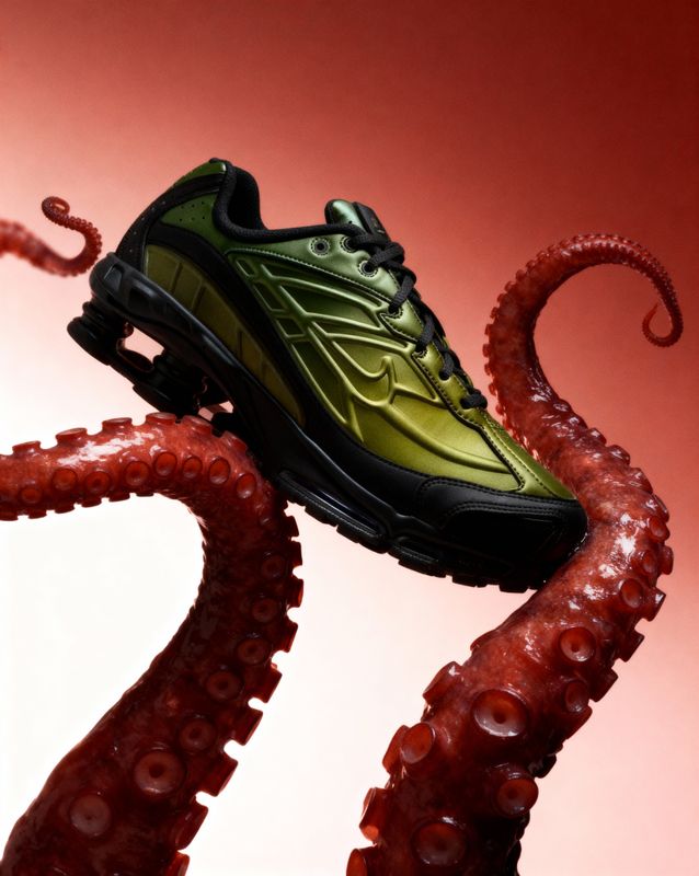 a pair of green sneakers sitting on top of an octopus