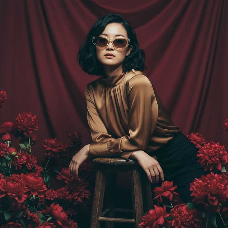 a woman sitting on a stool in front of red flowers