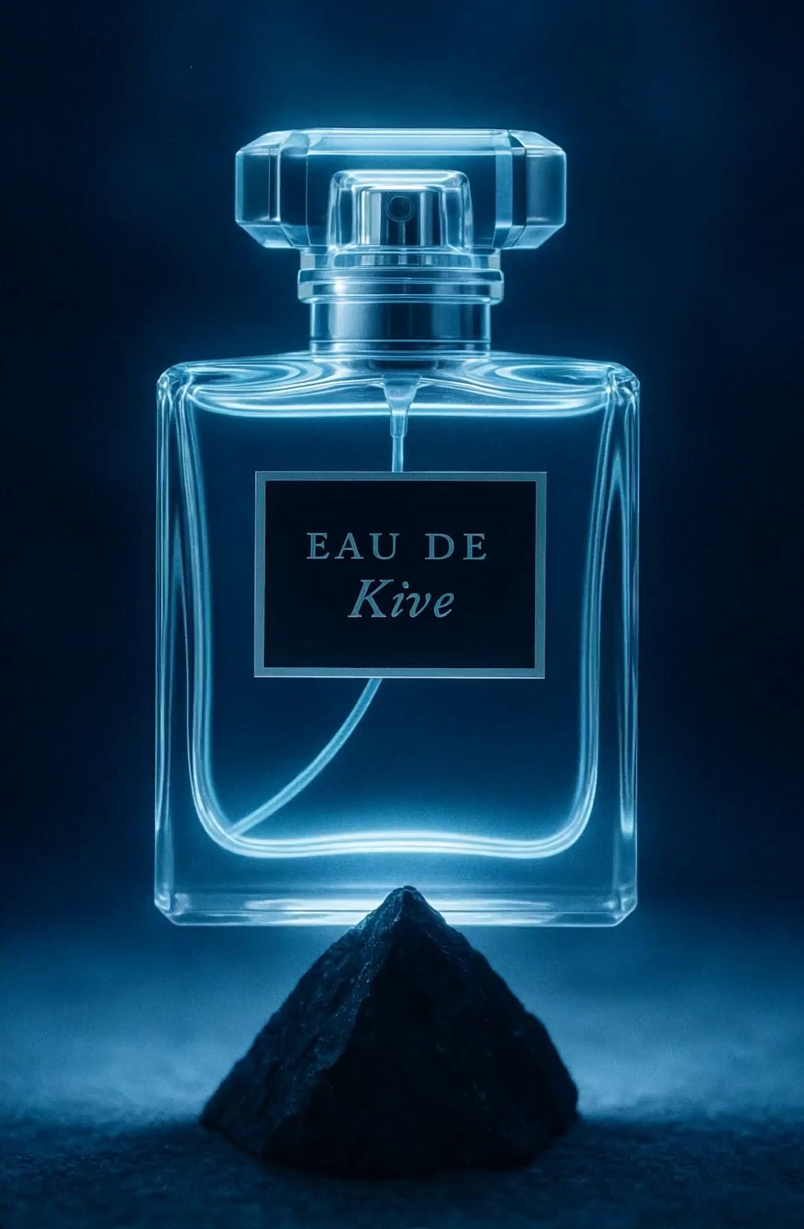 a bottle of perfume sitting on top of a rock