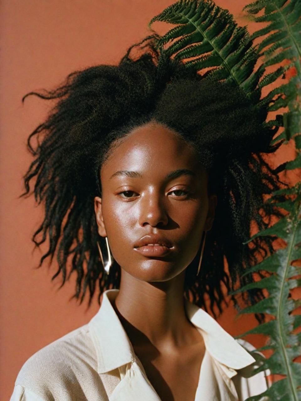 a woman with long hair standing in front of a plant