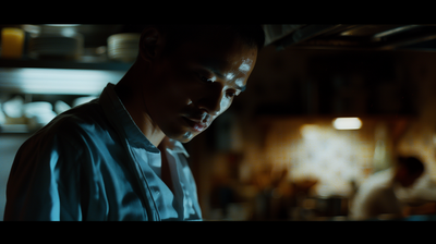 a man standing in a kitchen looking at his cell phone