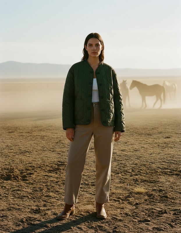 a woman standing in a field with horses in the background