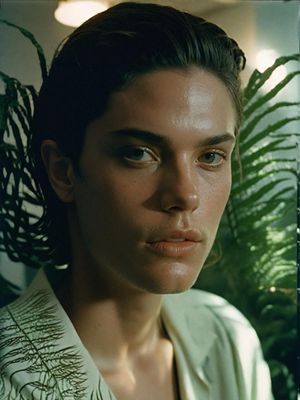 a close up of a person with a plant in the background