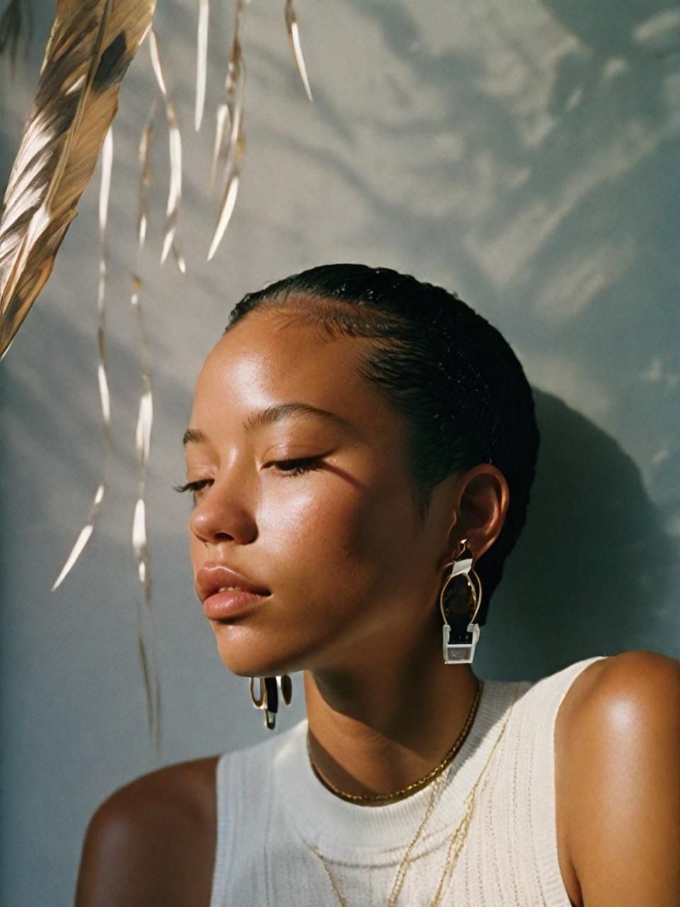 a woman with her eyes closed wearing earrings