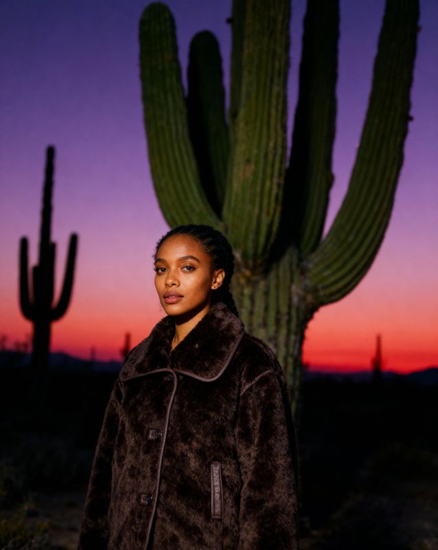 a woman standing in front of a cactus