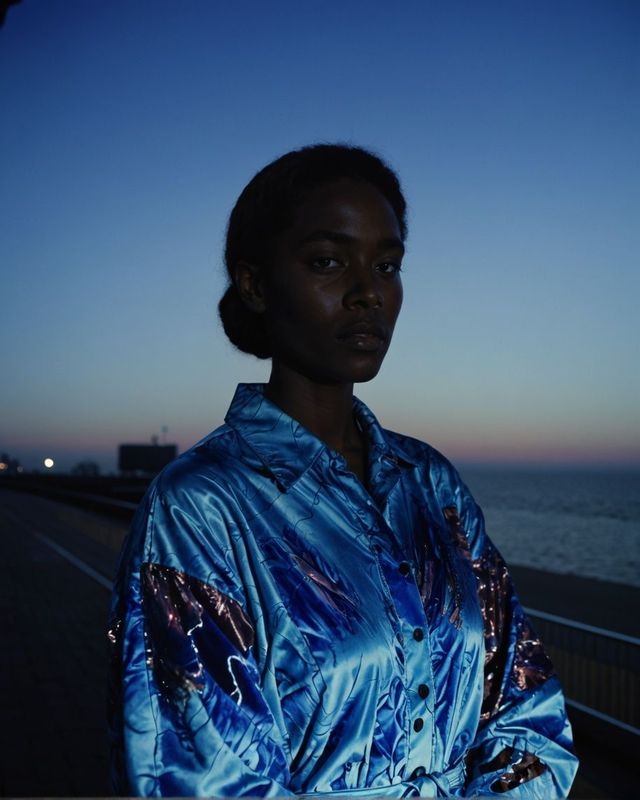 a woman standing on the side of a road next to the ocean