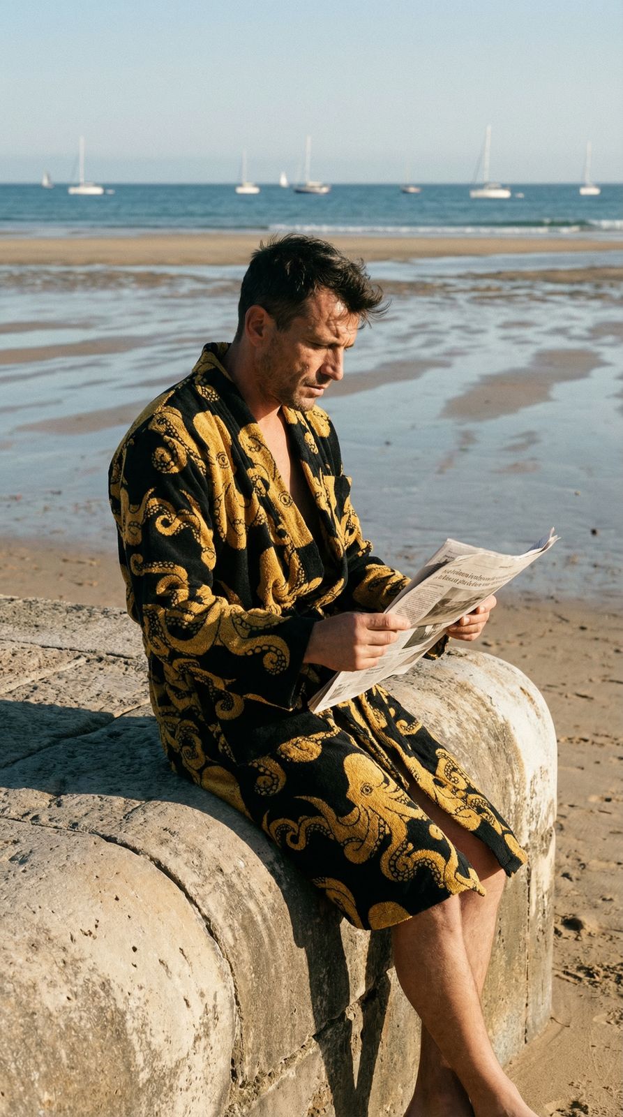 a man in a robe sitting on a wall reading a newspaper