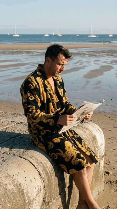 a man in a robe sitting on a wall reading a newspaper