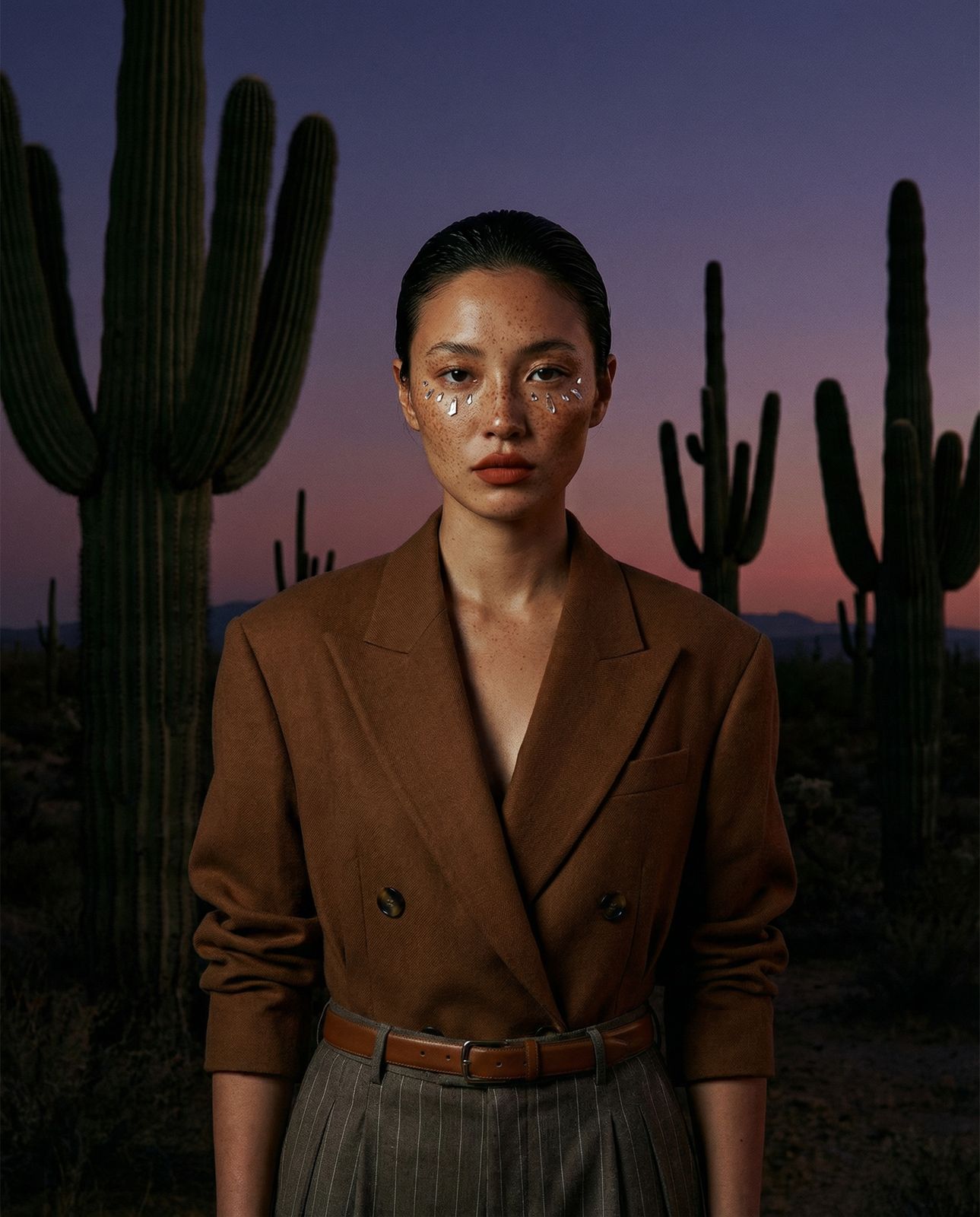 a woman standing in front of a cactus