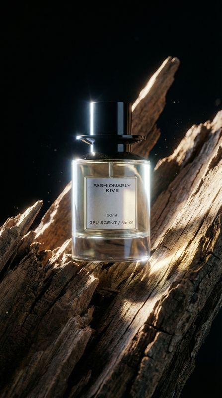a bottle of perfume sitting on top of a piece of wood