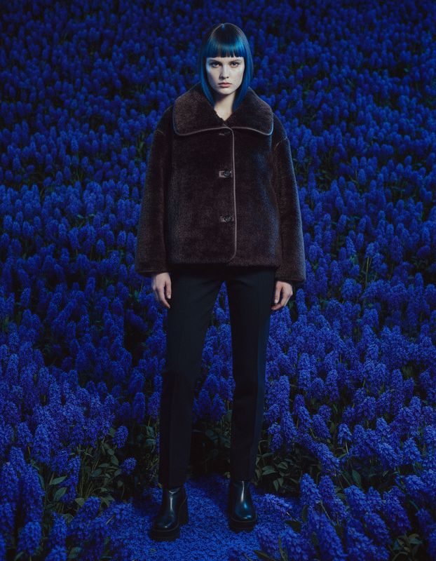 a woman standing in a field of blue flowers