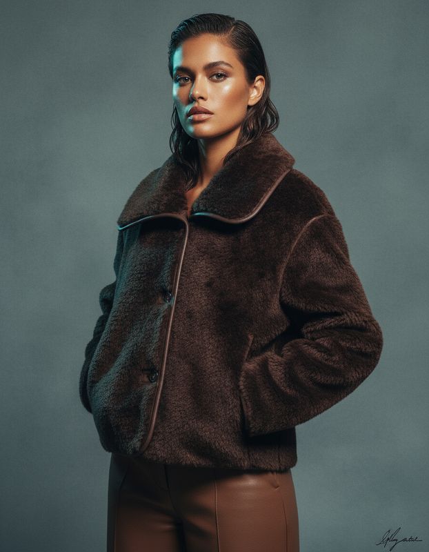 a woman wearing a brown jacket and brown pants