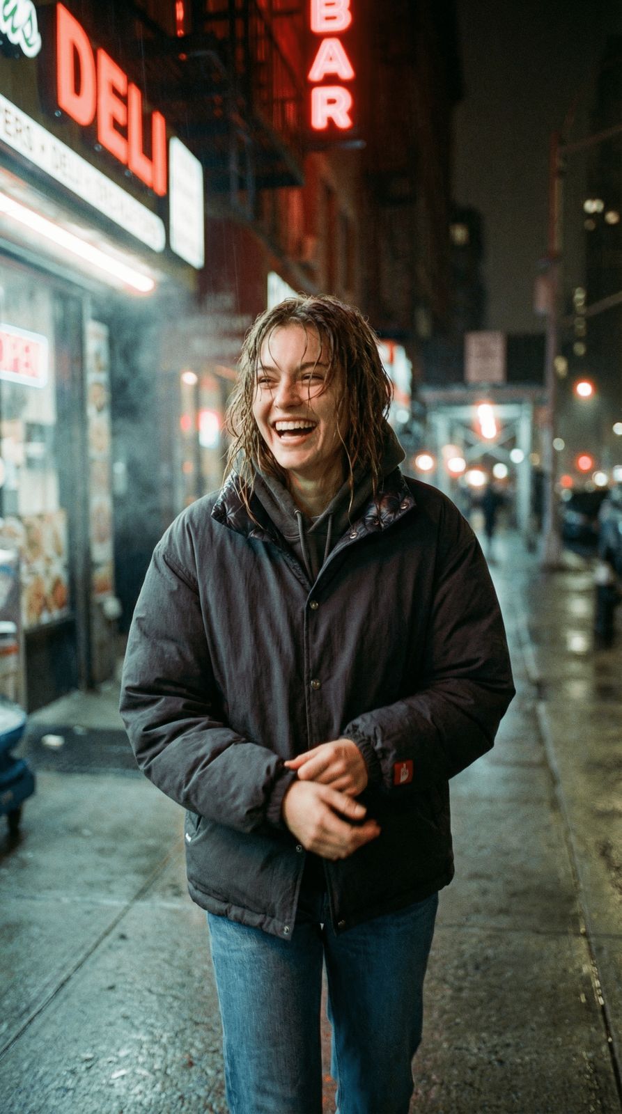 a man walking down a street at night