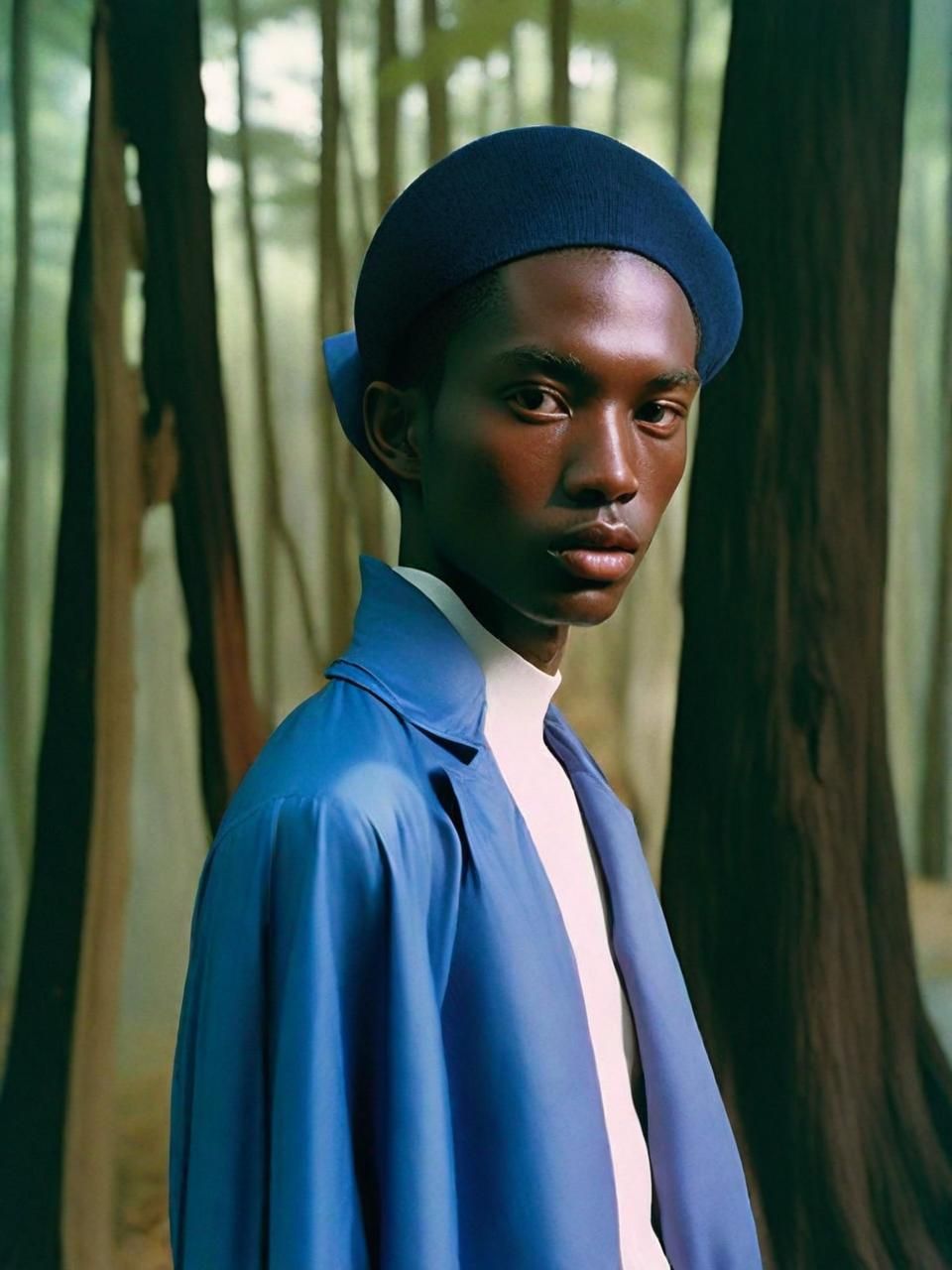 a man in a blue jacket and hat standing in a forest