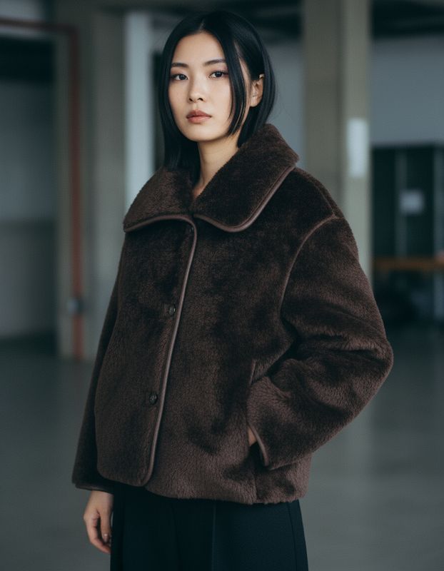 a woman in a brown coat standing in a building