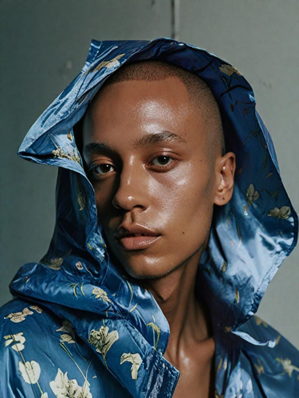 a man in a blue jacket with a hood on