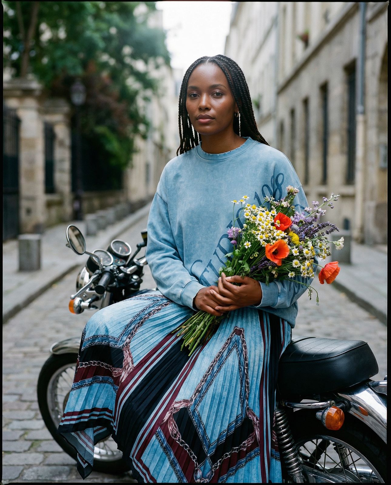 a woman sitting on a motorcycle holding a bouquet of flowers