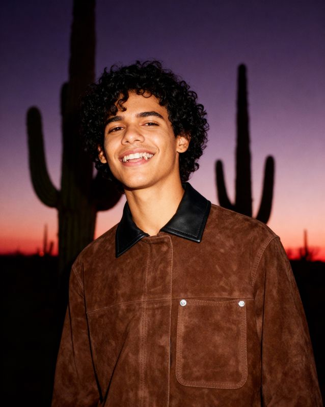 a young man standing in front of a cactus