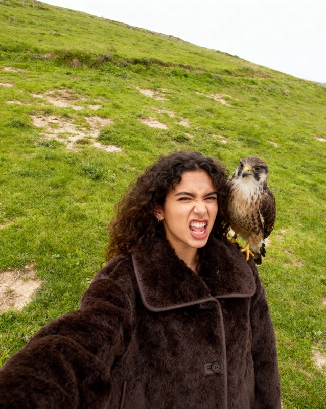 a woman holding an owl on her arm