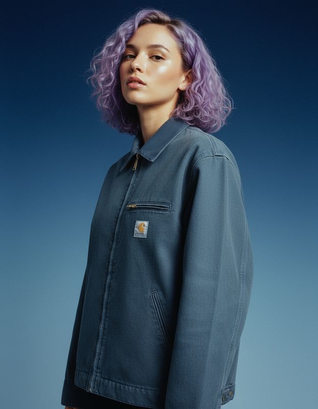 a woman with purple hair wearing a blue jacket