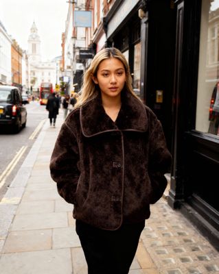 a woman walking down a street next to a tall building