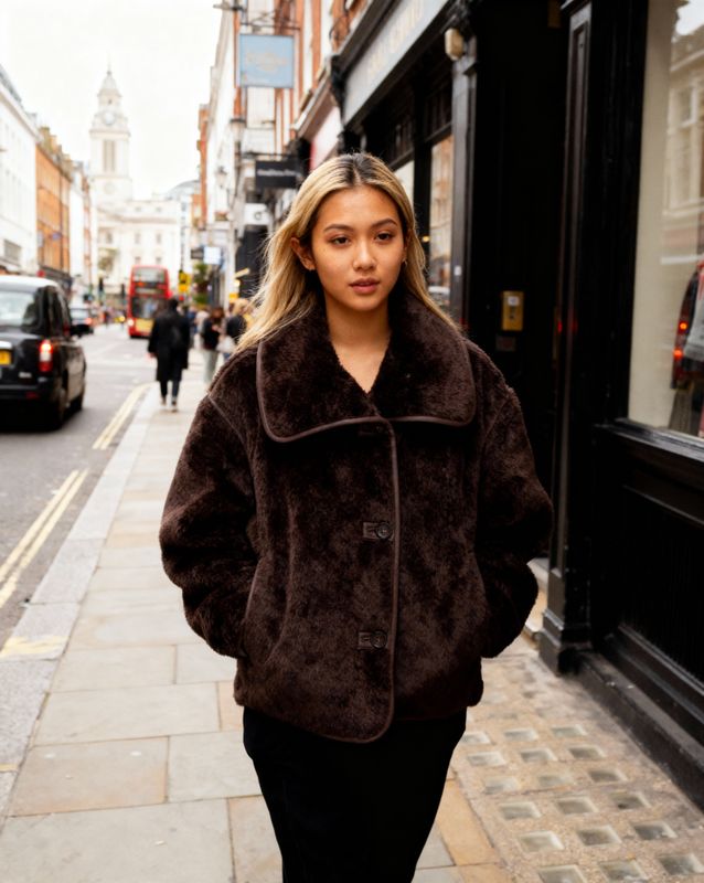 a woman walking down a street next to a tall building
