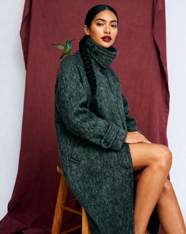 a woman sitting on a stool wearing a green coat