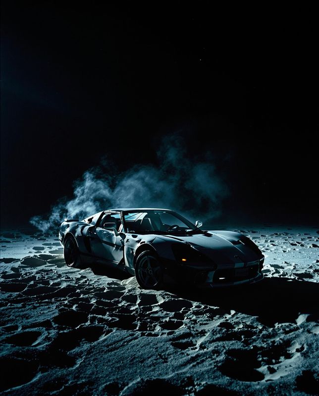 two sports cars parked in the snow at night