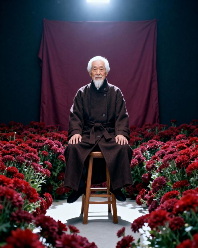 a man sitting in a chair surrounded by flowers